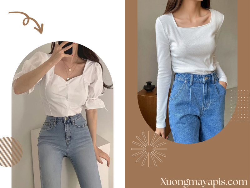 Quần jean cạp cao phối với áo cổ vuông