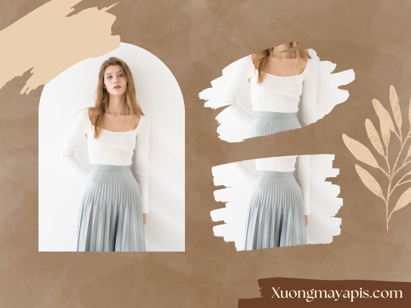Chân váy midi phối với áo cổ vuông